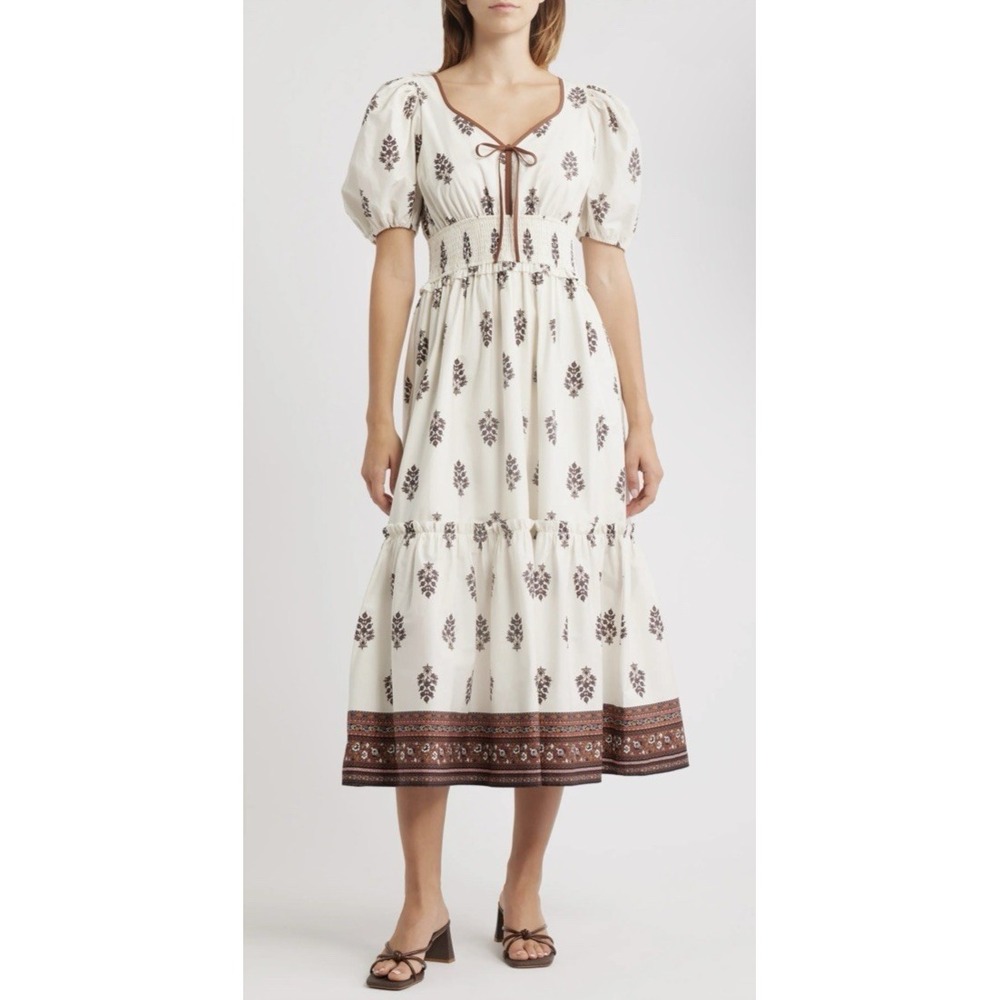 Anthropologie Moon River Women Sze XS Smocked Puff Sleeve Maxi Dress Cream Multi